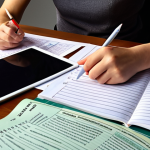 **

Studying for the CPA exam. A focused student diligently working through FAR (Financial Accounting & Reporting) materials. Books and notes are scattered on the desk. Emphasize concentration, the challenging nature of the subject, and the dedication required. Could include a digital study aid like a tablet.

**