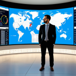 A sophisticated, modern Certified Public Accountant (CPA) standing confidently in a sleek, high-tech office environment. The CPA, dressed in professional business attire, is interacting with multiple holographic screens displaying dynamic data visualizations, AI-powered analytics dashboards, and global market trends. The setting should convey a forward-thinking, strategic atmosphere, emphasizing their role in complex problem-solving and business strategy, rather than just traditional ledger work. Subtle elements of collaboration and a diverse team can be in the blurred background.