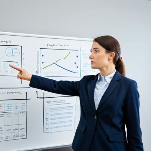 A professional female lecturer in a modest business suit, fully clothed, appropriate attire, standing confidently at the front of a modern university lecture hall. She is gesturing towards a clear whiteboard filled with well-organized diagrams and flowcharts, explaining complex accounting concepts with an insightful and clear expression. The scene is brightly lit, conveying an atmosphere of deep understanding and logical clarity. Perfect anatomy, correct proportions, natural pose, well-formed hands, proper finger count, natural body proportions, high-quality, professional photography, soft studio lighting, safe for work, appropriate content, modest.
