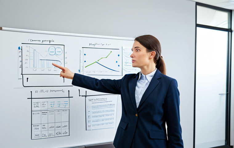 A professional female lecturer in a modest business suit, fully clothed, appropriate attire, standing confidently at the front of a modern university lecture hall. She is gesturing towards a clear whiteboard filled with well-organized diagrams and flowcharts, explaining complex accounting concepts with an insightful and clear expression. The scene is brightly lit, conveying an atmosphere of deep understanding and logical clarity. Perfect anatomy, correct proportions, natural pose, well-formed hands, proper finger count, natural body proportions, high-quality, professional photography, soft studio lighting, safe for work, appropriate content, modest.