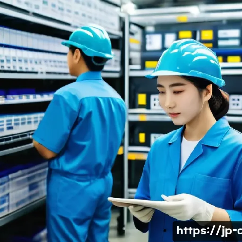 공인회계사와 산업별 감사 사례 - A detailed scene inside a modern manufacturing factory in Japan, showing workers in clean uniforms a...