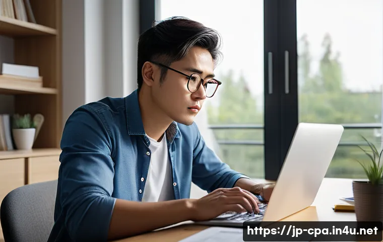 CPA 모의고사 활용 전략 - A focused Japanese CPA candidate sitting at a neat study desk in a modern home office, surrounded by...