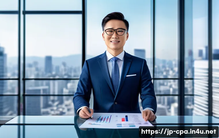 공인회계사 이직 성공 사례 - A professional Japanese certified public accountant (CPA) in a modern corporate office setting, wear...