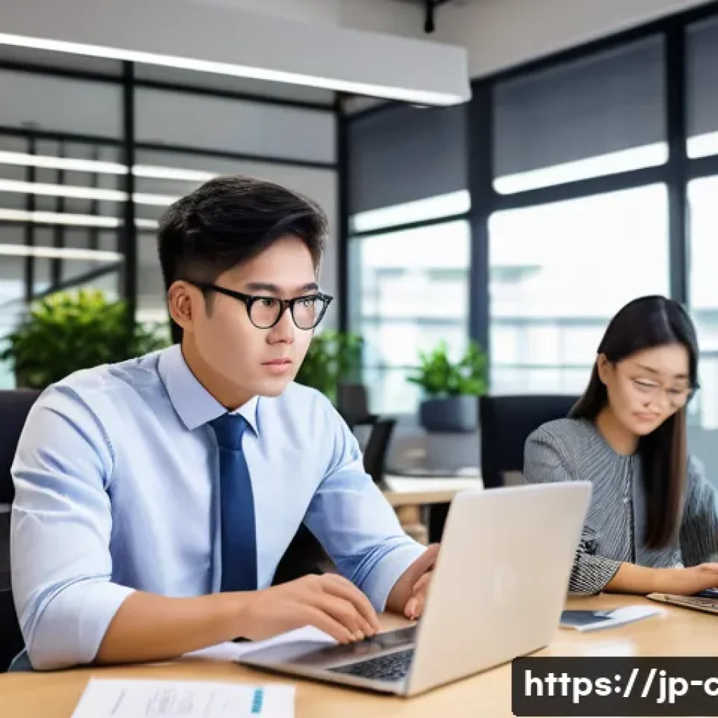 CPA 빅4 연봉 수준 - A modern Japanese office setting with young professionals in business attire working collaboratively...