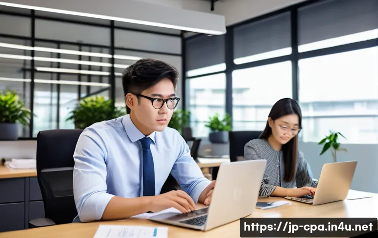 CPA 빅4 연봉 수준 - A modern Japanese office setting with young professionals in business attire working collaboratively...
