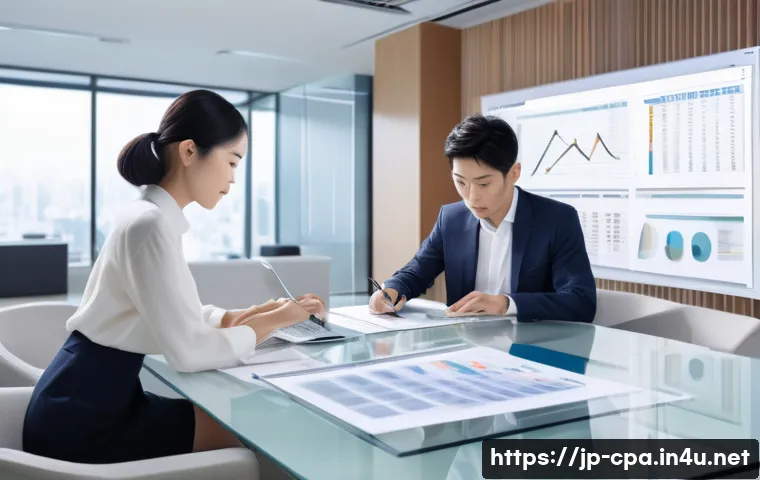 공인회계사와 세무회계의 조화 - A modern Japanese corporate office scene illustrating seamless collaboration between accounting and ...