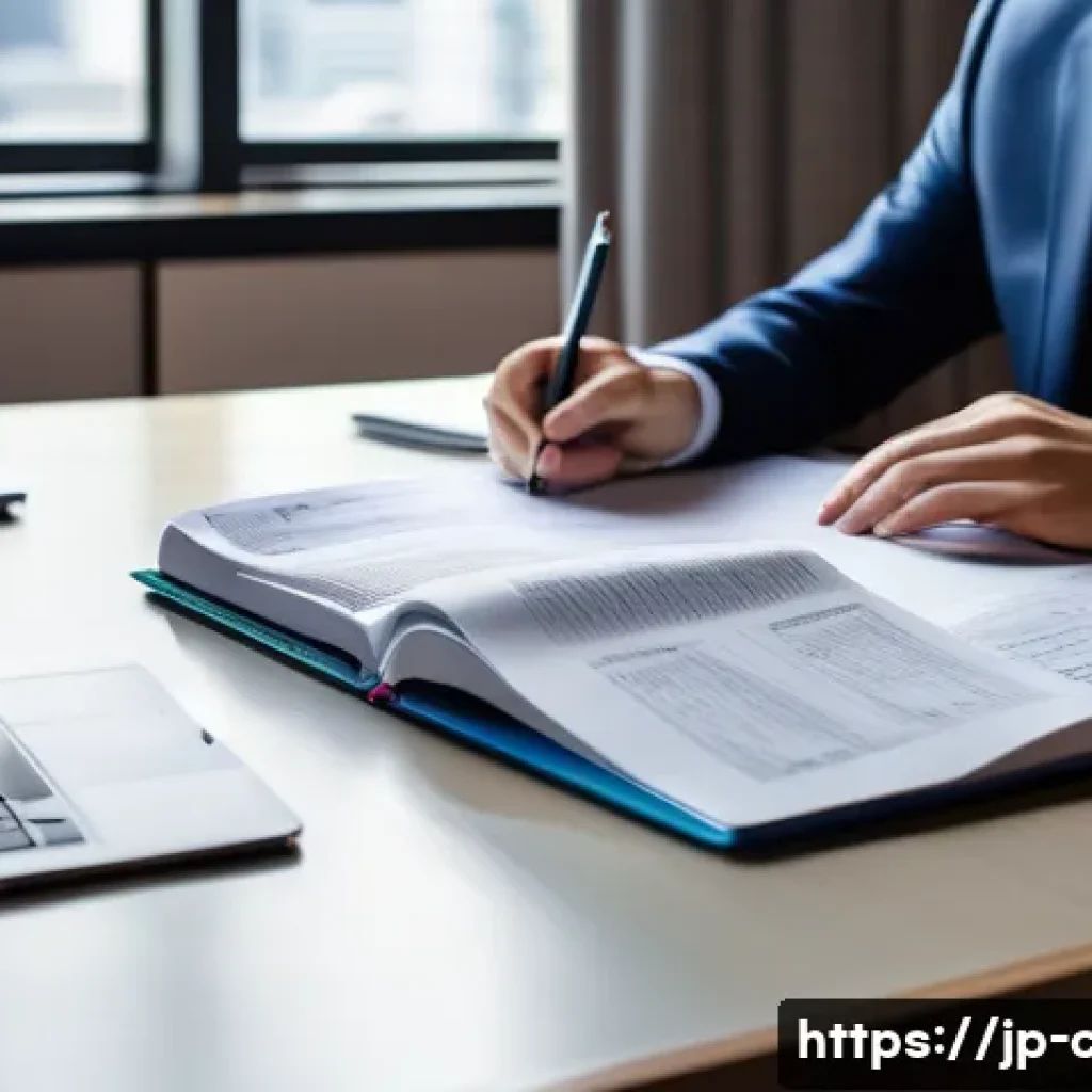 CPA 중점 과목 파악하기 - A professional Japanese accountant studying diligently at a modern desk with multiple open textbooks...