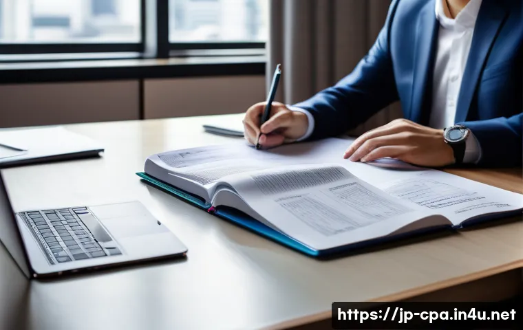 CPA 중점 과목 파악하기 - A professional Japanese accountant studying diligently at a modern desk with multiple open textbooks...