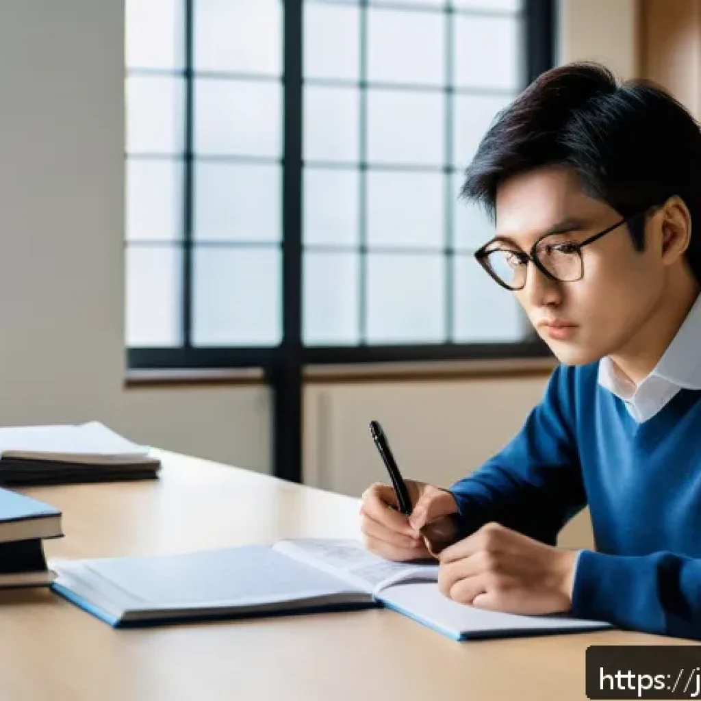 공인회계사 고득점 비법 - A modern Japanese study room scene focused on a young adult studying for the Certified Public Accoun...