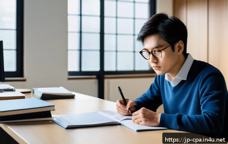 공인회계사 고득점 비법 - A modern Japanese study room scene focused on a young adult studying for the Certified Public Accoun...
