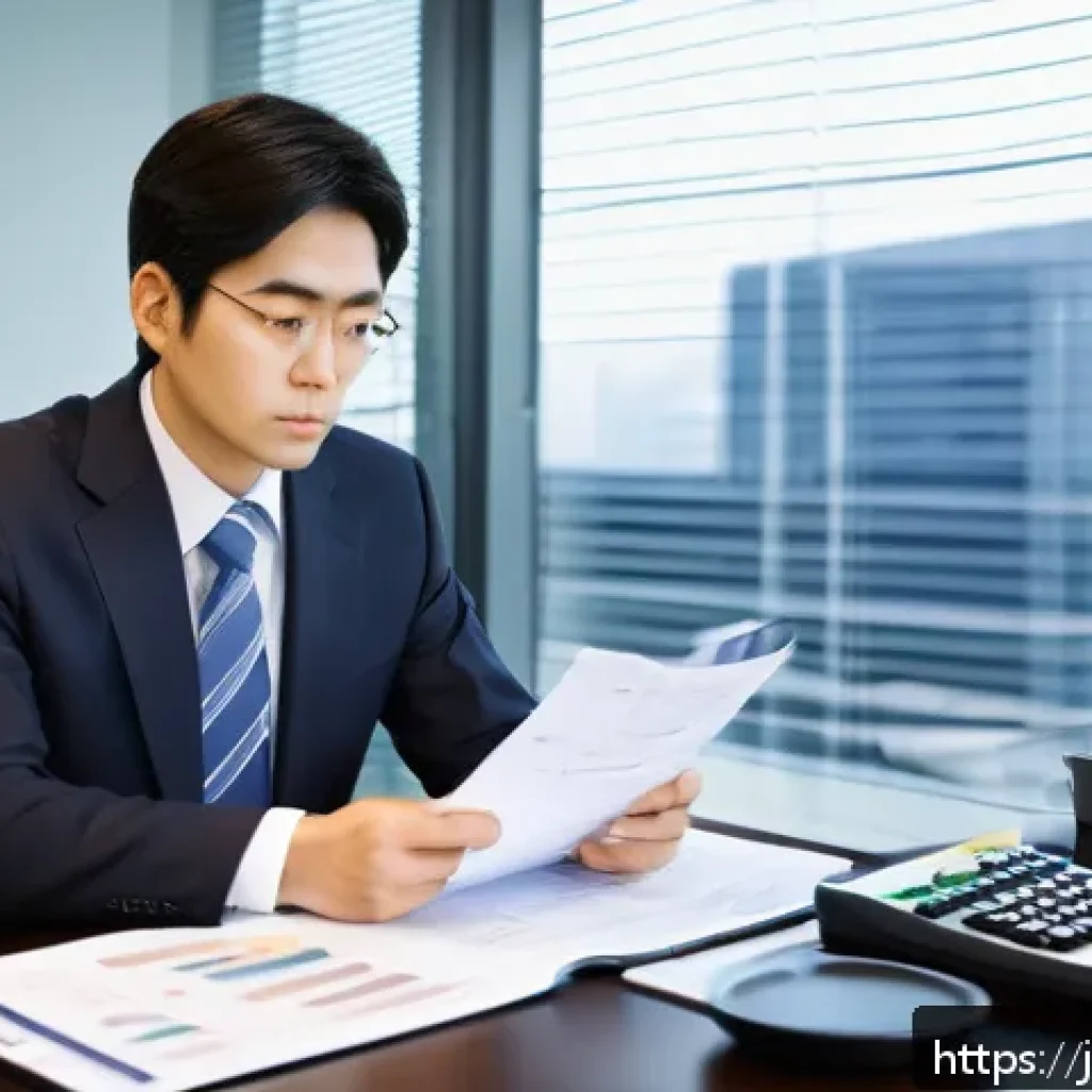 공인회계사와 회계 윤리 사례 - A modern Japanese office scene showing a certified public accountant (CPA) in professional attire th...