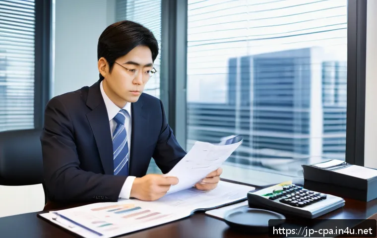 공인회계사와 회계 윤리 사례 - A modern Japanese office scene showing a certified public accountant (CPA) in professional attire th...