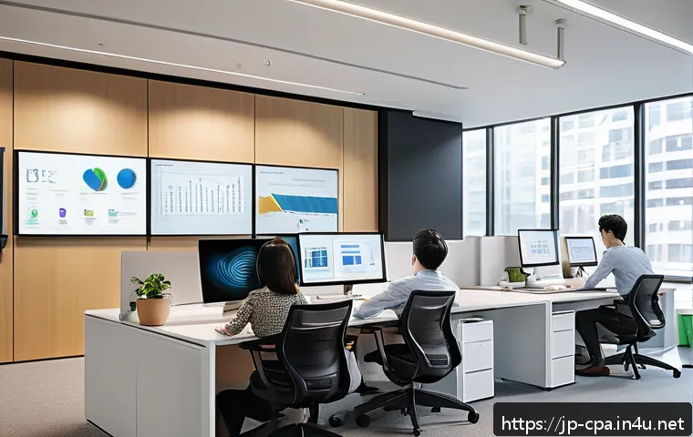 CPA 빅4 기업 문화 리뷰 - A modern Japanese CPA office environment featuring a diverse team of professionals engaged in a hybr...