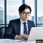 공인회계사 전문 분야 선택 - A modern Japanese accountant in a sleek office environment, wearing professional business attire wit...