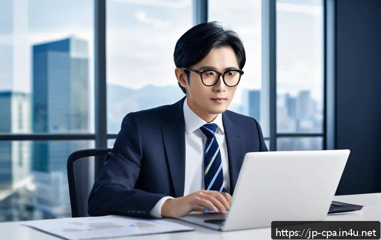공인회계사 전문 분야 선택 - A modern Japanese accountant in a sleek office environment, wearing professional business attire wit...