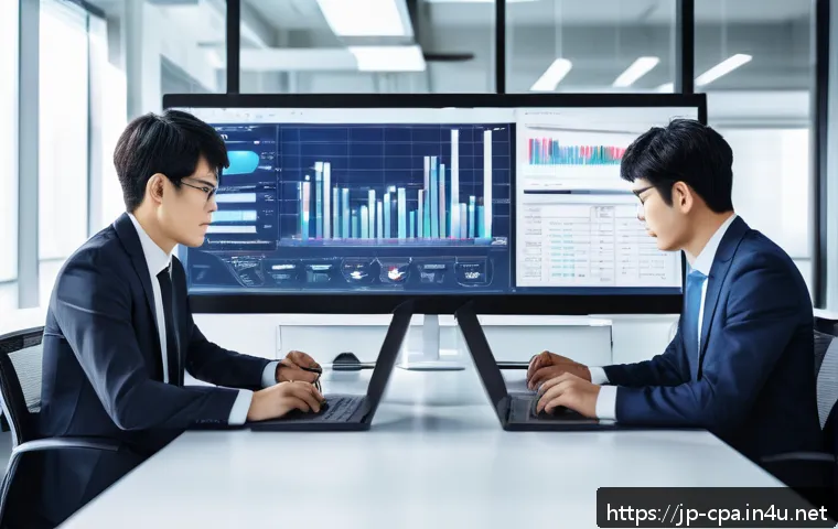 공인회계사와 세무 리스크 관리 - A modern Japanese office scene showing a diverse team of accountants and tax auditors analyzing big ...