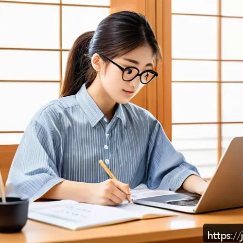 CPA 취득을 위한 마인드셋 - A focused Japanese student studying for the CPA exam at a tidy desk with textbooks, notes, and a lap...