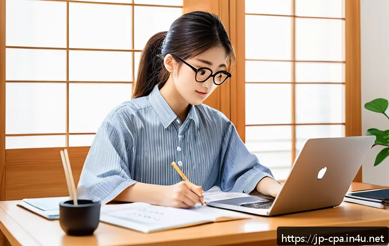 CPA 취득을 위한 마인드셋 - A focused Japanese student studying for the CPA exam at a tidy desk with textbooks, notes, and a lap...
