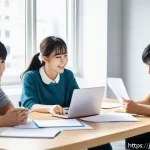 CPA 시험 준비 스터디 운영법 - A diverse study group of five young Japanese adults sitting around a table in a bright modern room, ...