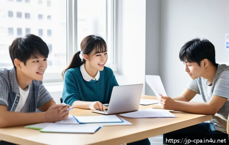 CPA 시험 준비 스터디 운영법 - A diverse study group of five young Japanese adults sitting around a table in a bright modern room, ...