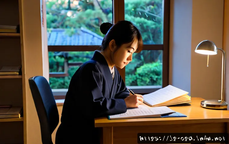 공인회계사 공부 포기하지 않는 법 - Photorealistic Japanese accounting student in a tidy home study room at dawn, seated upright at a wo...