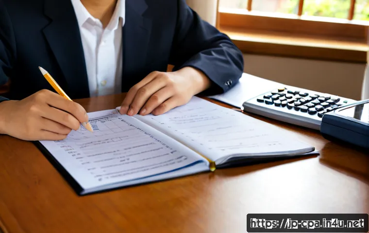 공인회계사 기출문제 활용법 - Photorealistic Japanese CPA exam candidate studying past examination papers at a tidy wooden desk, a...