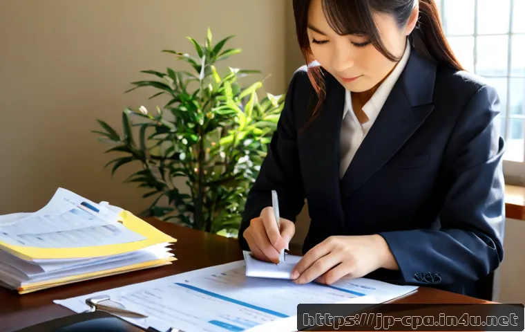 공인회계사와 환경 회계 - Photorealistic Japanese certified public accountant in a modern sunlit office, carefully reviewing e...